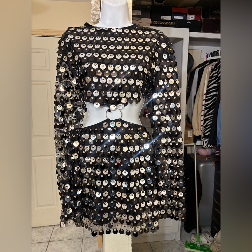 Black Sequin Long Sleeve Dress